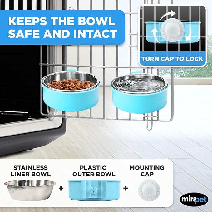 Mirapet's Dog Water Bowl & Cat Food Bowl Set of 2 - Multipurpose Pet Bowl Set - Premium Quality Cat Water Bowl Made for The Perfect Feeding Experience - No-Spill Dog Bowl for Crate (Small, Blue)
