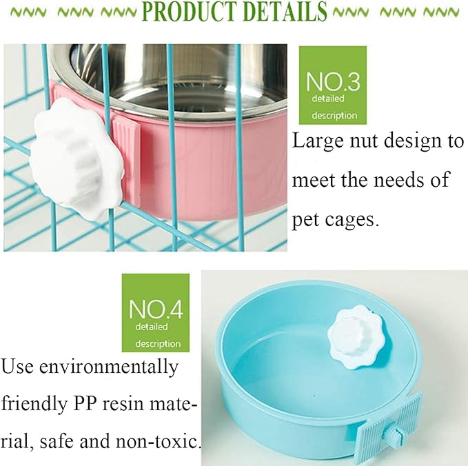 kathson Crate Dog Bowl, Removable Stainless Steel Hanging Pet Cage Bowl Food & Water Feeder Coop Cup for Cat, Puppy, Birds, Rats, Guinea Pigs (6 PCS, Size: L, 2×Blue,2×Green,2×Pink)