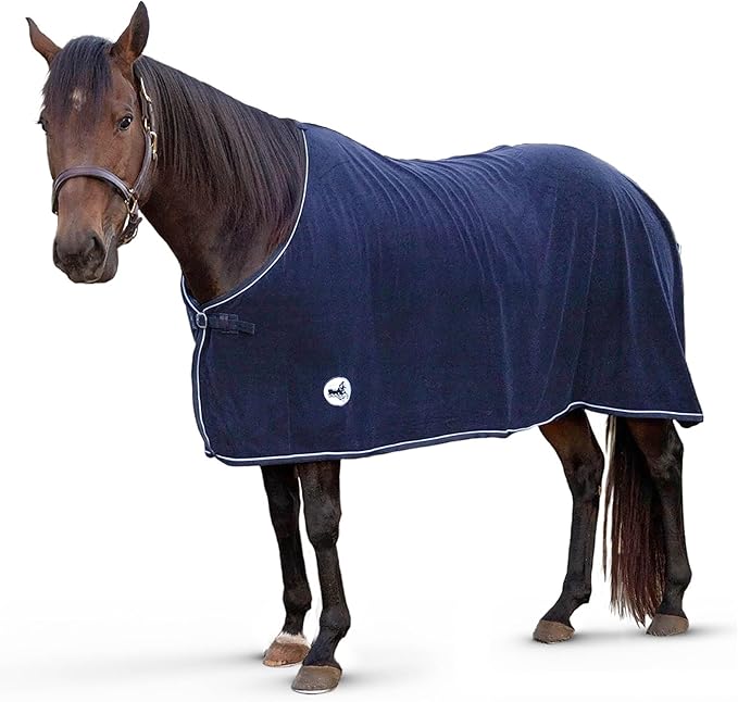 Jeffers Equine Elite Fleece Horse Cooler Blanket, 84 Inch – Soft, Adjustable Fit, Lightweight, Easy Care, Moisture Wicking Cooling Sheet with Surcingle for Post Exercise, Travel for Horses – Navy