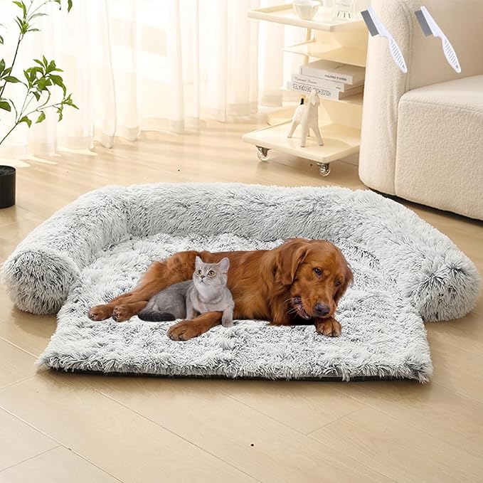 Dream Cloud Pet Sofa Bed for Dogs Cats, 2026 Washable Removable Calming Fluffy Plush Mat for Furniture Protector, Long Fur Non-Slip, for Small/Medium/Large Home Pets (Light Grey, XL: 47.2 * 37.4IN)