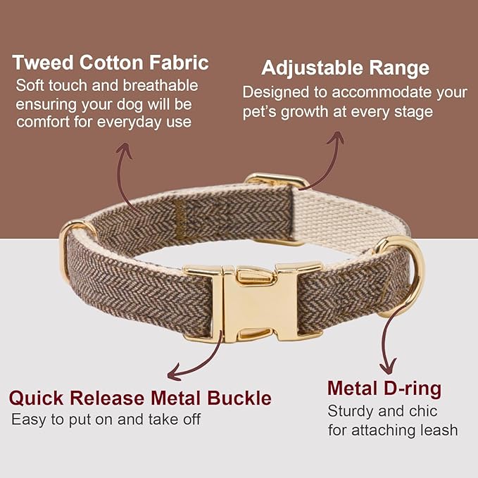 Soft Cotton Hemp Dog Collar with Metal Buckle Adjustable Tweed Dog Collars for Small Medium Large Dogs(Coffee,Medium)