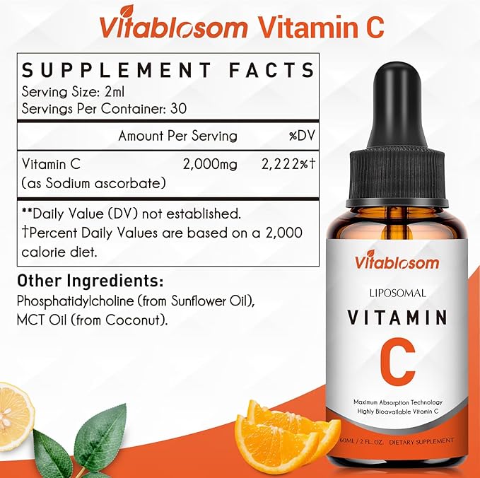 Liposomal Vitamin C 2000mg Liquid for Adults, High Absorption VIT C, Maximize Vitamin C, for Immune System & Antioxidant, 60ML (1 Bottle)