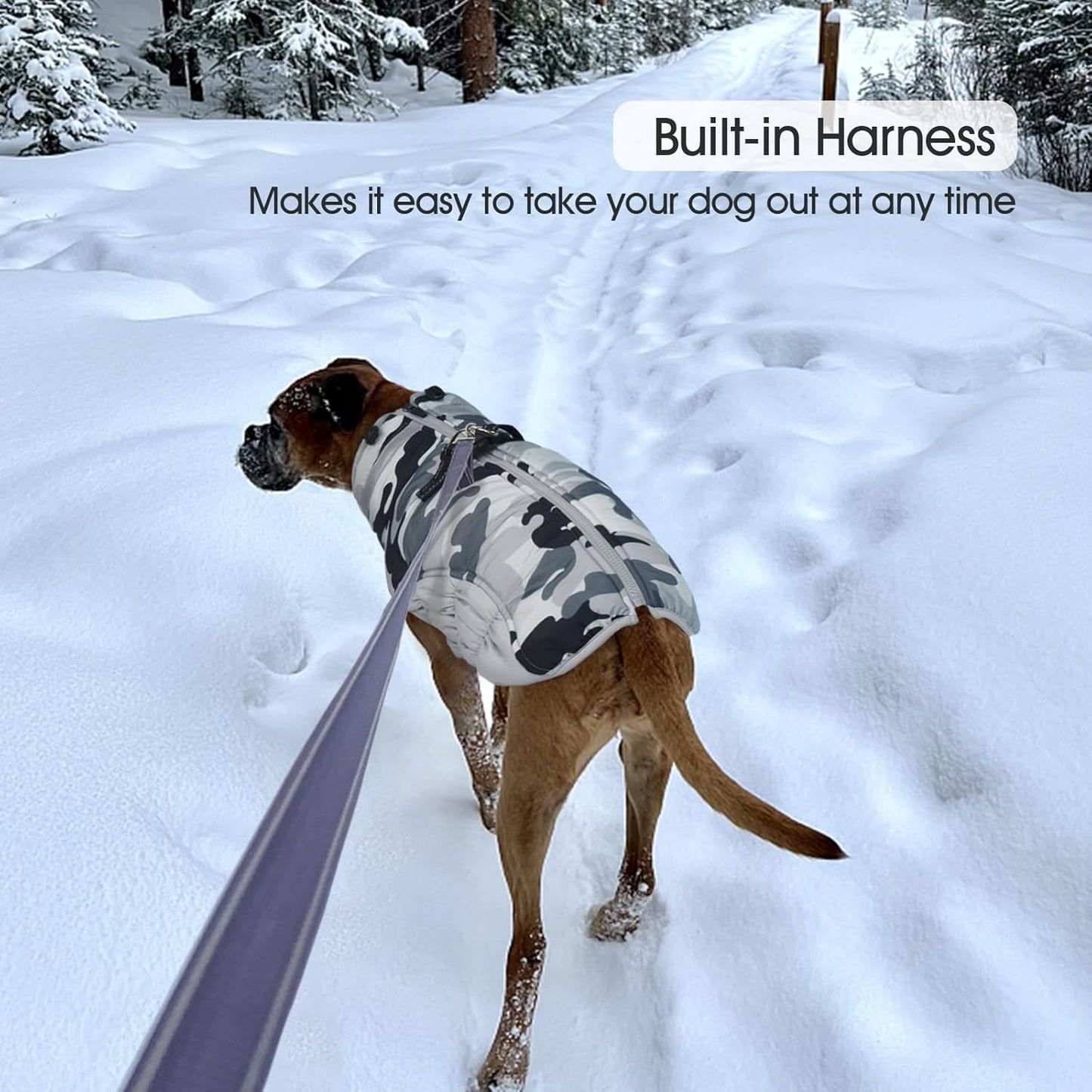 FUAMEY Dog Coat for Large Dogs,Waterproof Dog Winter Jacket with Harness Built in Puppy Cold Weather Coats Reflective Pet Vest with Zipper Warm Fleece Dogs Snowsuit Windproof Grey Camo XL