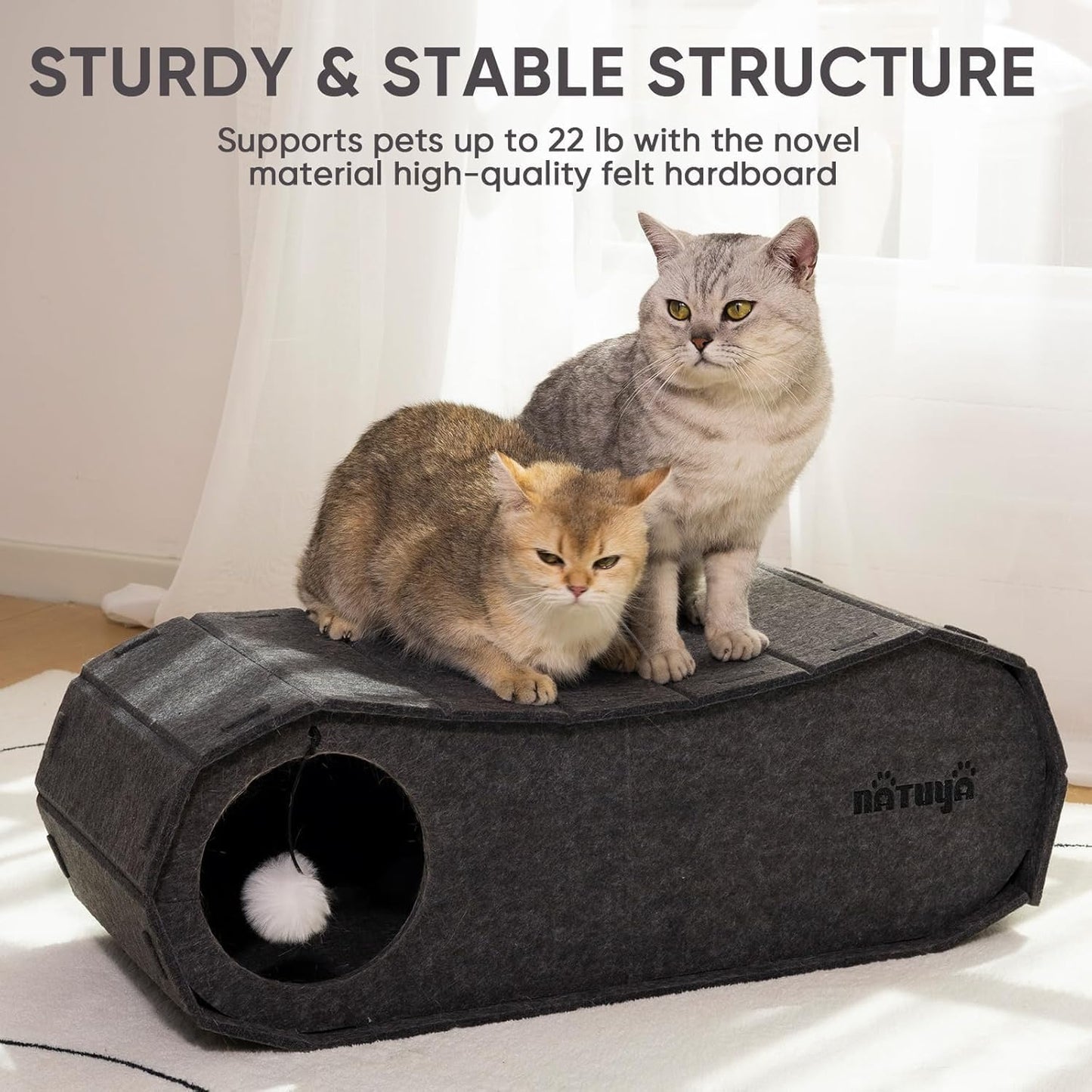 NATUYA Cat Bed Cave for Indoor Cats, Large Cat Lounge Cave Bed with Toy Ball, Enclosed Scratch Resistant Detachable Felt Cat Hideaway Bed for Cats up to 22 Lbs