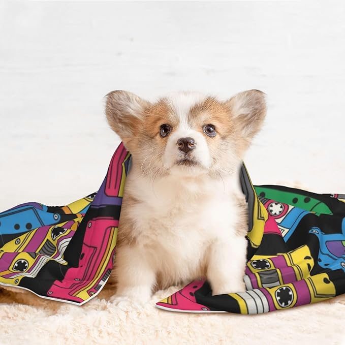 Pet Blanket for Travel and Home, Colorful Retro Cassette Pattern, Reversible Plush Dot Design with Soft Grip Texture on One Side Perfect for Car Seats Moving Vehicles