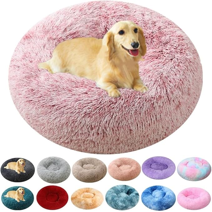 Large Calming Dog Bed, 47 Inch Anti-Anxiety Donut Dog Cuddler Cat Bed, Warming Cozy Soft Dogs Round Bed, Fluffy Faux Fur Machine Washable Pet Cushion for Medium Large Dogs & Cats (Rose White)