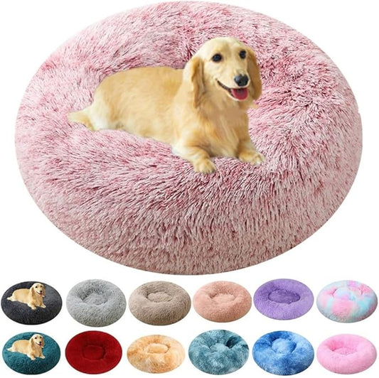 Calming Large Dog Bed & Cat Bed, 43 Inch Anti-Anxiety Donut Dog Cuddler Cat Bed, Warming Cozy Soft Dog Round Bed, Fluffy Faux Fur Machine Washable Pet Cushion for Medium Dogs & Cats (Rose White)
