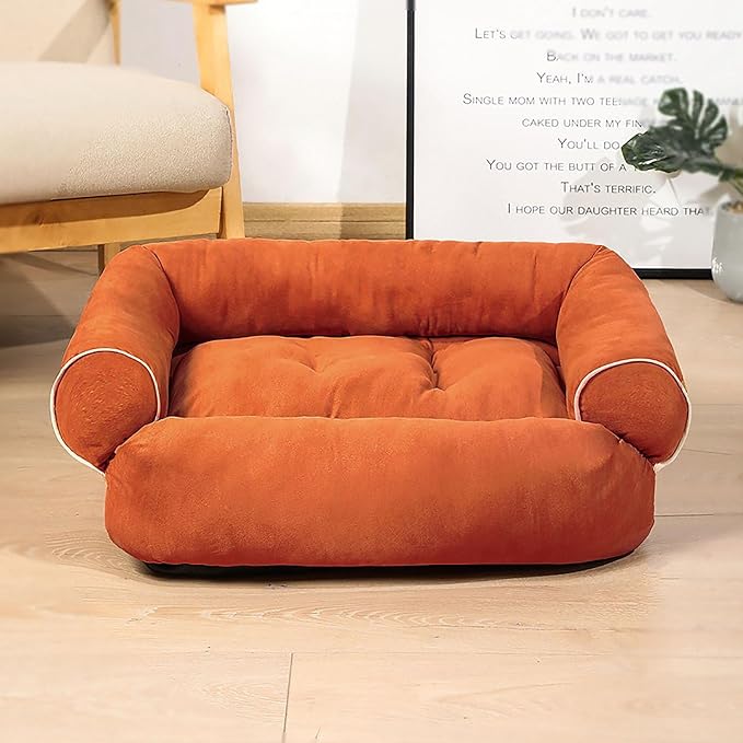 Suede Sofa Dog Bed, Multiple Sizes Orthopedic Memory Foam Mattress, Durable and Calming, Washable Dog Bed with Anti-Slip Bottom S Orange