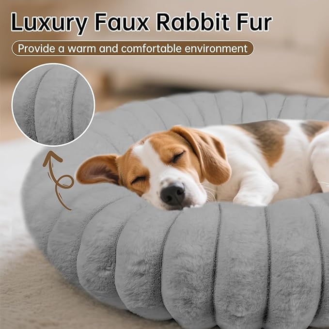 Donut Dog and Cat Bed, Luxurious Comfortable Faux Rabbit Fur Pet Beds, Round Anti-Anxiety Calming Puppy Kitten Bed with Anti-Slip Bottom for Small Medium Dogs & Cats(28", Grey)