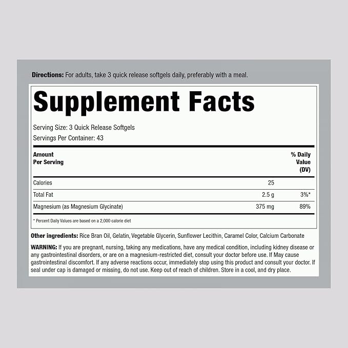 Piping Rock Magnesium Glycinate | 375mg | 130 Count | Premium & High Absorption | Quick Release Softgels | Non-GMO & Gluten Free Formula