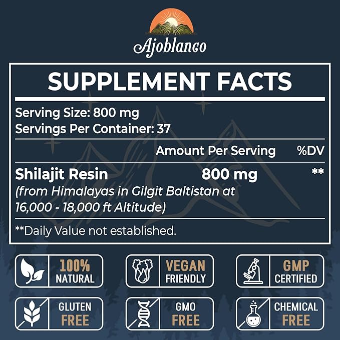 Ajoblanco 800 Mg Himalayan Shilajit Resin, Shilajit Pure Himalayan Organic, Shilajit Supplement with Purity, High Dosage & Potency for Energy, Strength & Immunity, Men & Women, 30 Grams