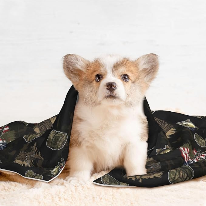 Reversible Plush Dot Pet Blanket, Hunting Deer Bass Fishing Lure Camo Camouflage American Flag Black, Ultra Soft Two Sided Throw for Dogs Cats Home Use Comfort