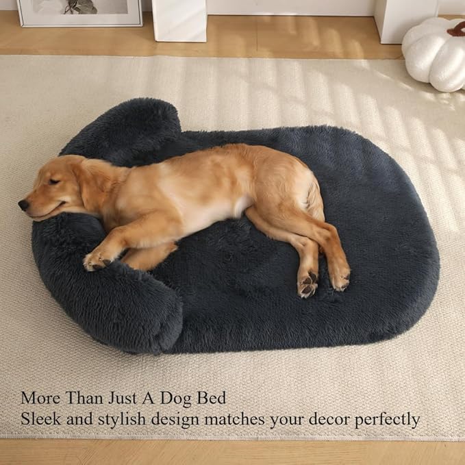 Calming Dog Bed - Fluffy Plush Mat with Removable Washable Cover | Furniture Protector for Large Dogs & Cats(Dark Grey,21.65X15.75X4.33in)