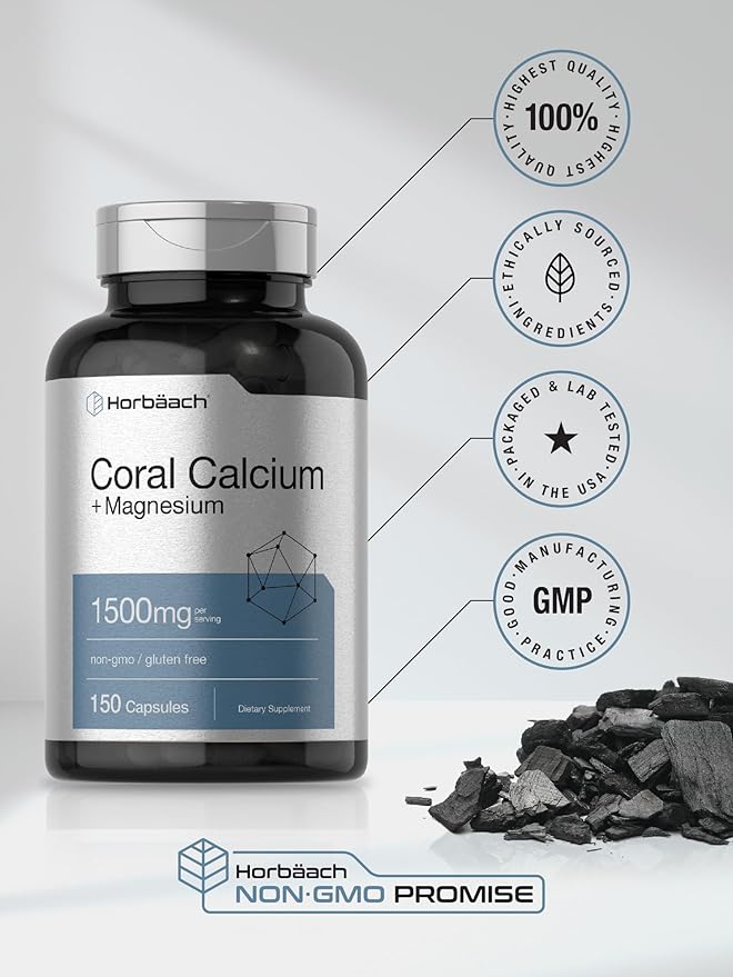 Horbäach Coral Calcium 1500mg Capsules | 150 Count | Plus Magnesium | Non-GMO & Gluten Free Supplement