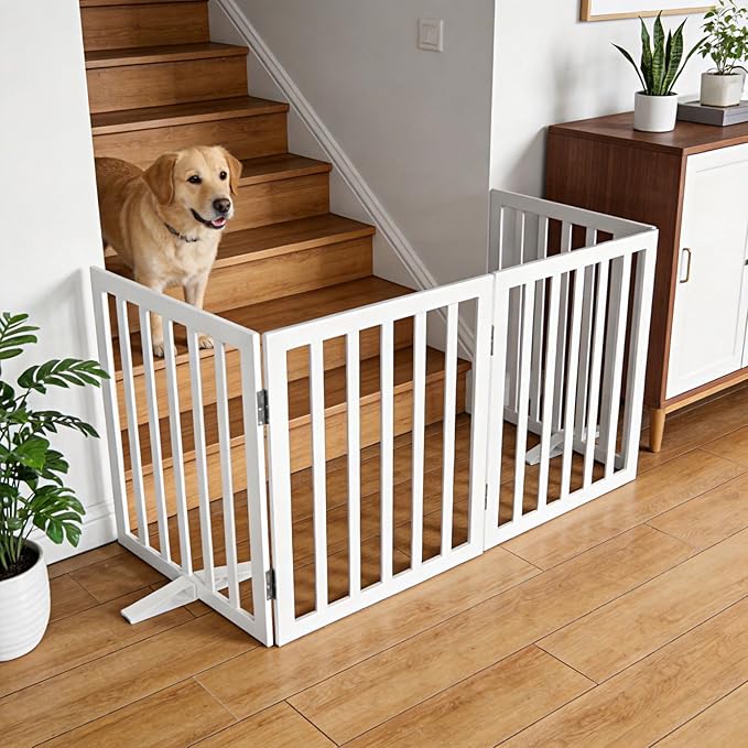 ZJSF Freestanding Indoor Dog Gate for House Foldable Wood White Puppy Gate for Doorways Pet Gate for Stairs Extra Wide Pet Fence 24" Height 6 Panels