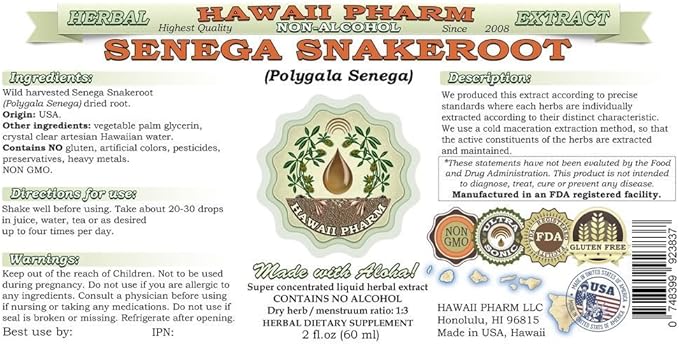 Senega Snakeroot Alcohol-Free Liquid Extract, Senega Snakeroot (Polygala Senega) Dried Root Glycerite Natural Herbal Supplement, Hawaii Pharm, USA 15x4 fl.oz
