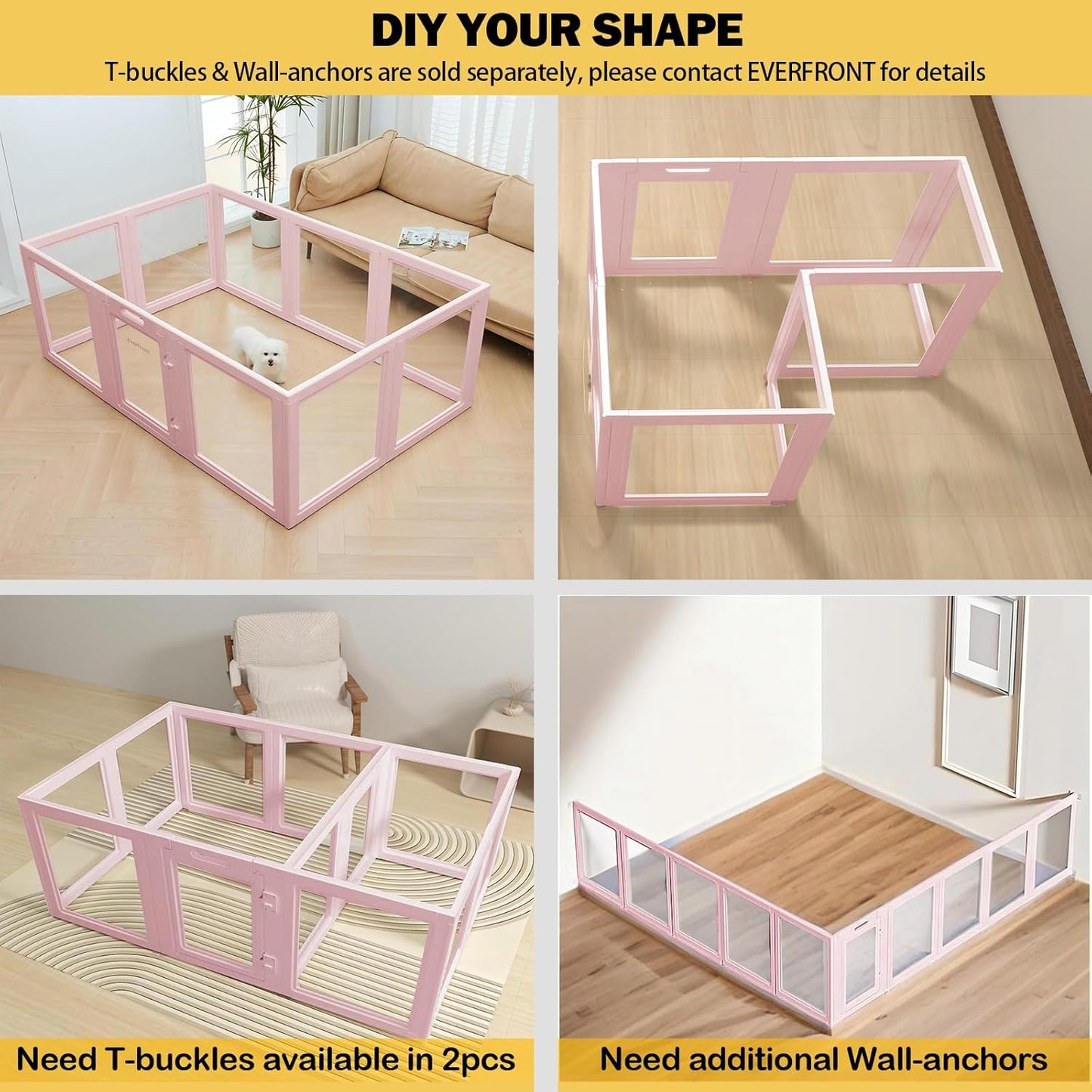 23.6“H 2PCS Extension Kit - Door+Panel, T-Buckles for Compartment, Expandable Clear Dog Play Pen Acrylic Dog Playpen Indoor,for Puppy Cat Bunny Small & Medium Dogs (Pink-23.6" H, 2PCS)