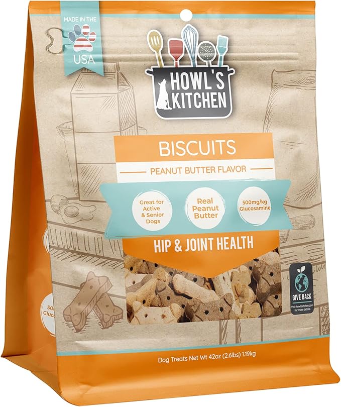 Howl's Kitchen Biscuits, 12 oz Bag, 1 Count, Peanut Butter Flavor, Hip and Joint Formula, Rawhide Free, Soft and Chewy Dog Treats, 500mg of Glucosamine for Dogs, For Active and Senior Dogs