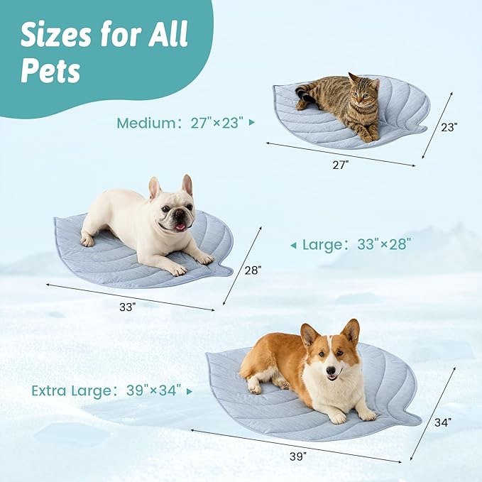 Dog Cooling Mat, Q-Max > 0.4 Leaf Shaped Pet Pad, Liquid Pee Proof Summer Mat for Cats, Washable Sleep Blanket for Bed Couch Floor Indoor, 39x34 inch, Blue