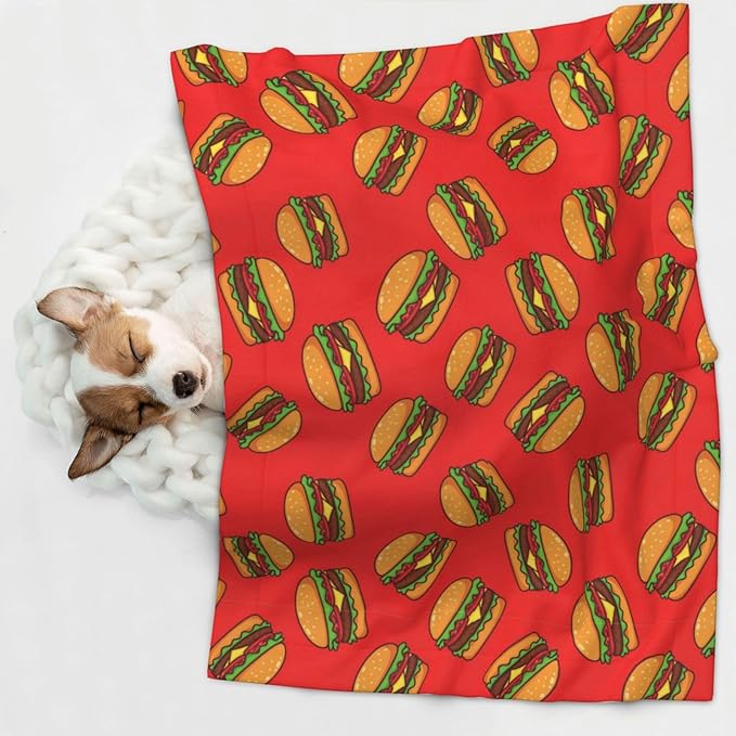 Pet Blanket for Car Rides Vet Visits, Burger Hamburger Pattern Red, Two Sided Reversible Plush Design with Bumpy Dot Side Offers Comfort Home Piece On Go Travel