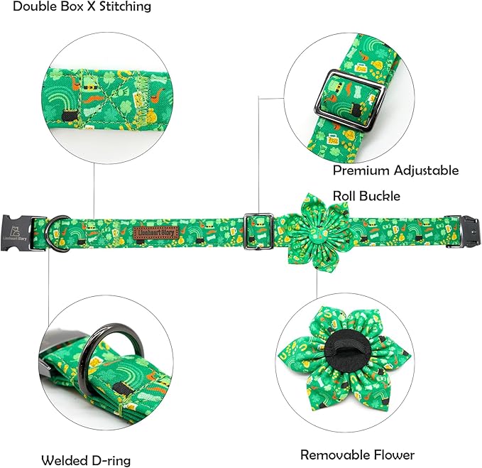 Lionheart glory St. Patrick's Day Dog Collar with Flower Dog Collars for Medium Dogs, Heavy Duty Green Collars Bows Lucky Clover Shamrock Pet Collar Flower Puppy