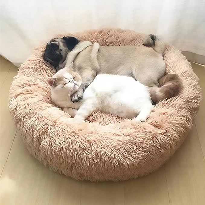 Calming Dog Bed for Small Dogs, Calming Donut Cuddler Pet Bed Anti Anxiety Round Dog Bed Fluffy Plush Faux Fur Cat Bed,Wine red,31.5IN