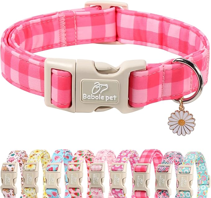 Girl Dog Collar for Large Dogs - Cute Pink Plaid Puppy Collar, Soft Adjustable Spring Summer Female Dog Collars with Quick Release Buckle L