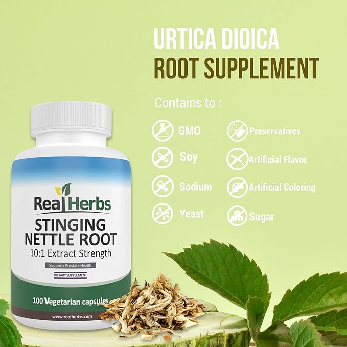 Real Herbs Stinging Nettle Root Extract 7500mg (750mg of 10:1 Extract) – Vegetarian Friendly, Non-GMO, Gluten-Free – Supports Prostate & Urinary Health – 100 Capsules