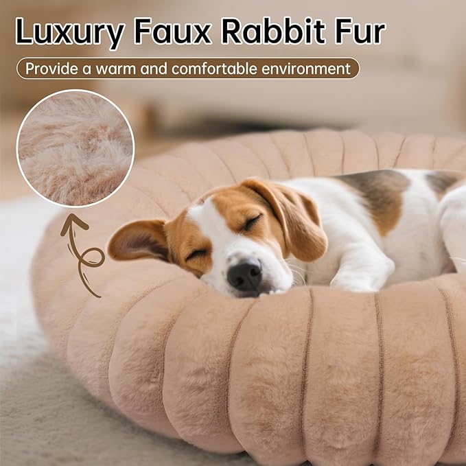 Donut Dog and Cat Bed, Luxurious Comfortable Faux Rabbit Fur Pet Beds, Round Anti-Anxiety Calming Puppy Kitten Bed with Anti-Slip Bottom for Small Medium Large Dogs & Cats(31", Brown)