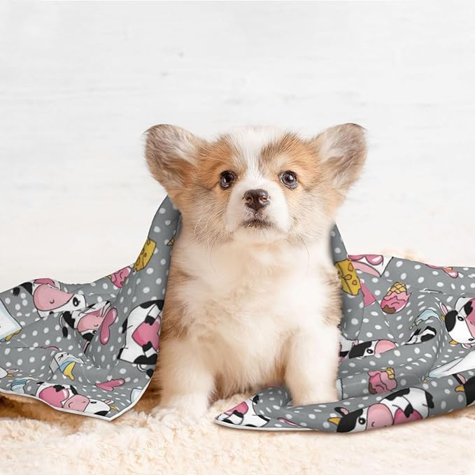 Reversible Pet Blanket for Sofa Protection Pet Comfort, Cartoon Cow Character, Double Sided Design with Cozy Nubby Nap Side and Durable Smooth Play Side