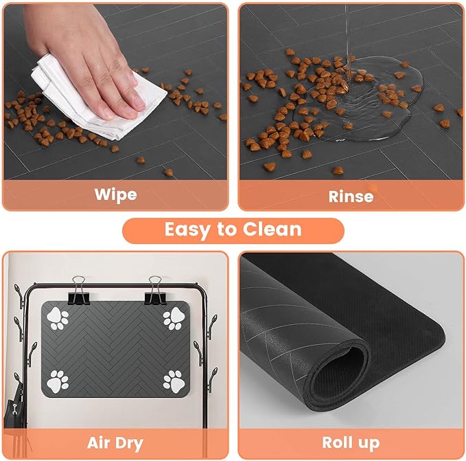 Pet Feeding Mat-Absorbent Pet Placemat for Food and Water Bowl, with Waterproof Rubber Backing, Quick Dry Water Dispenser Mat for Dog and Cat (24"x16", Striped Dark Gray)