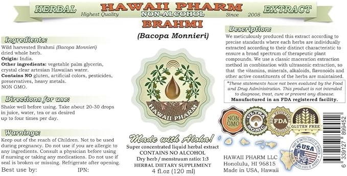 Brahmi Alcohol-Free Liquid Extract, Organic Brahmi Liquid (Bacopa Monnieri) Whole Herb Dried Glycerite Hawaii Pharm Natural Herbal Supplement 2x4 oz