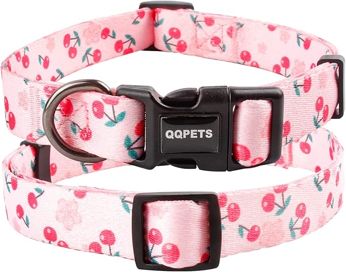 QQPETS Adjustable Soft Dog Collar: Print Flower Pink Multicolor Cute Patterns for XS Small Medium Large Pet Girl Boy Puppy Walking Running Training (L, Sakura Pink)