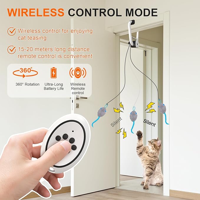 Cat Toy, Upgraded Smart Interactive Cat Toys with Remote Control, USB Rechargeable Door Hanging Retractable Kitten Toy for Self Play, Teaser Electronic Feather Cat String with 3 Plush Mice