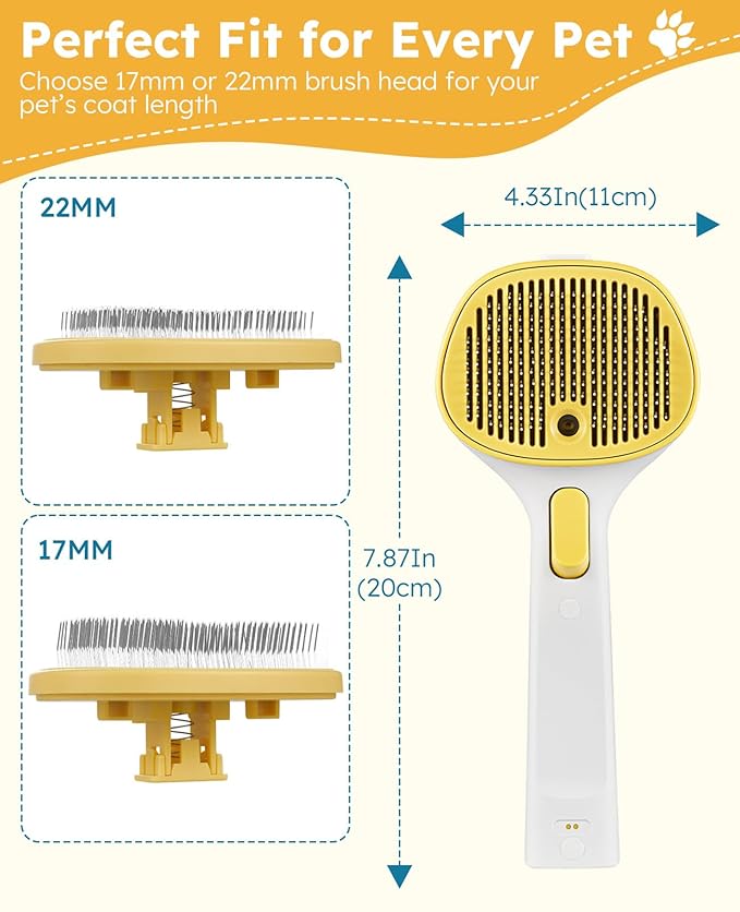 FURGO 3-in-1 Pet Steam Brush for Dogs & Cats – Reduces Static, Replaceable Heads, One-Touch Hair Ejection, Dog Spray Brush for Shedding Control(Long&Short)