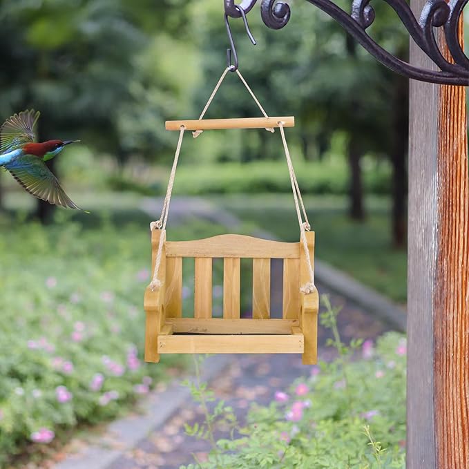 Notakia Set of 2 Swing Wild Bird Feeder Stand for Outside, Metal Mesh Bottom, Wood Bench Shaped Bird Feeders for Outside Hanging, Swing Chair Bird Feeder for Garden Yard Patio，Porch Decoration