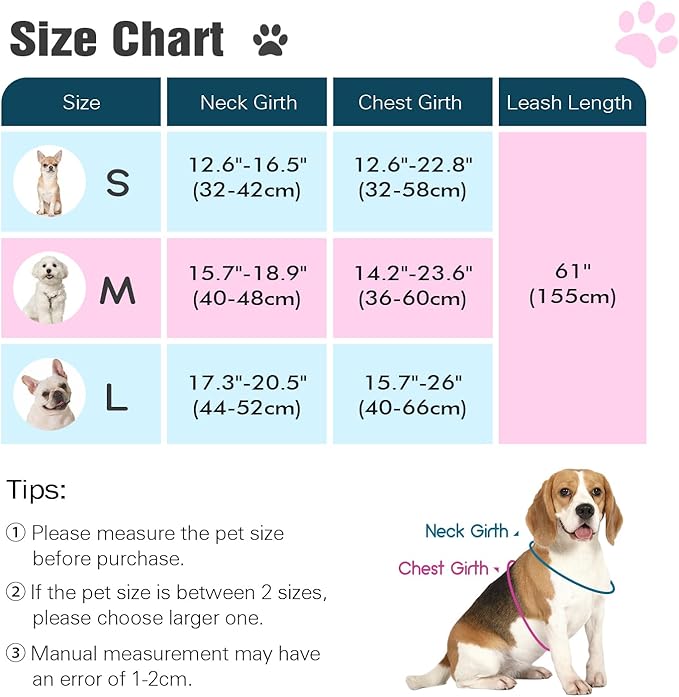 Pawaboo Small Dog Harness and Leash Set, Puppy Harness X-Frame No Pull No Choke, Dog Vest Harness Adjustable for Small Medium Sized Dogs,Soft Breathable Pet Harness for Walking Outing, L, Pink Daisy