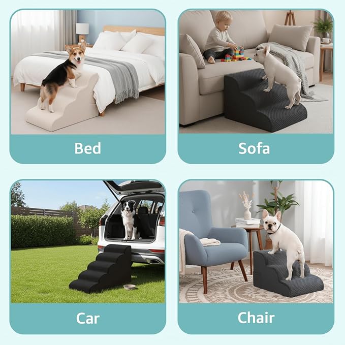 Dog Stairs for Small Dogs 19" H, 4-Step Dog Steps Ramp for High Beds and Couch with Anti-Slip Washable Cover and Durable High Density Foam, Pet Stairs for Cats, Black
