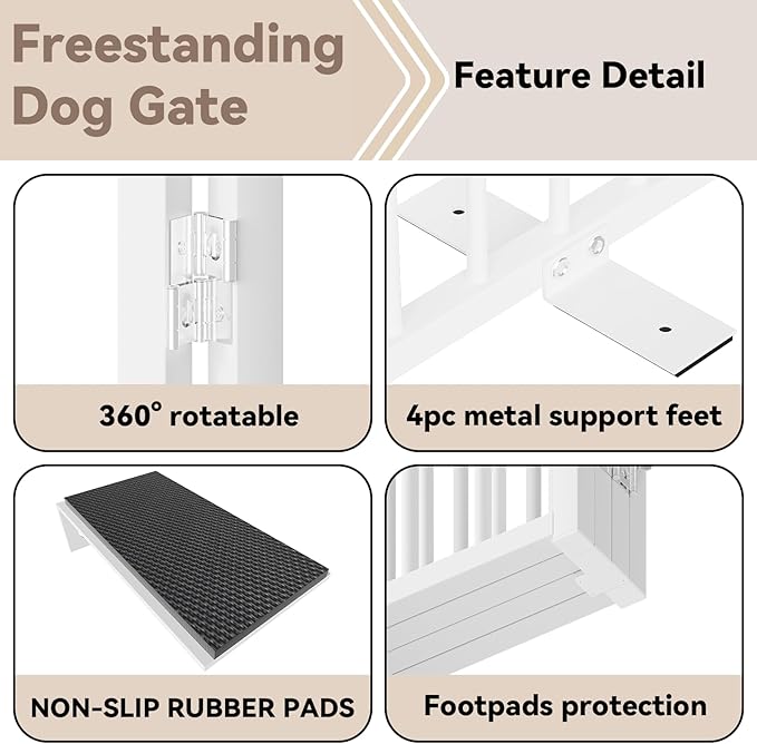Full Metal Freestanding Dog Gate with Door, 36''Height Foldable Pet Dog Fence for Indoor & Outdoor, 3 Panels Extra Wide Free Standing TallDog Gates for Doorways,House,Stairs,Porch,Deck,Yard