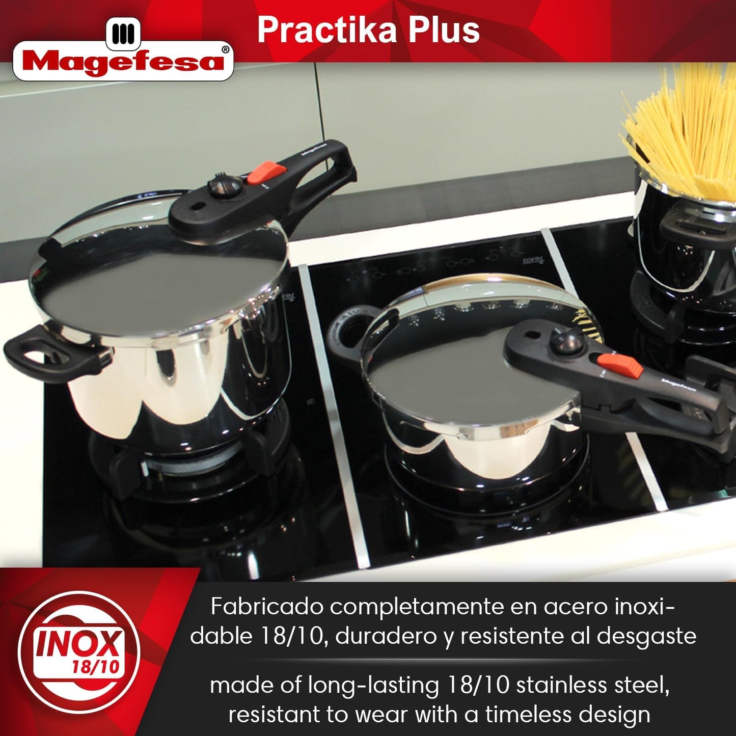 MAGEFESA Practika Plus 6.3-Quart Pressure Cooker – 18/10 Stainless Steel, Induction Compatible, 5-Layer Heat Diffuser Bottom, 5 Safety Systems, Even Heat Distribution