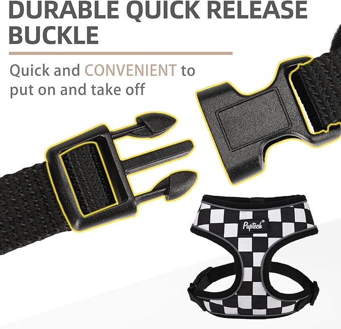 PUPTECK Soft Mesh Dog Harness and Leash Set Pet Puppy Cat Comfort Padded Vest No Pull Harnesses, Checkered Black&White, S