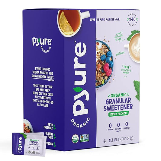 Pyure Organic Stevia Packets | Granulated Sugar Packets - White Sugar Substitute | Zero Carb, Zero Sugar, Zero Calorie Sweetener Packets | Plant-Based Stevia Packets for Keto Coffee | 240 Count