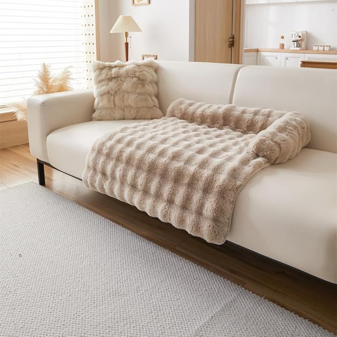Calming Dog Bed Mat, Fluffy Fuzzy Couch Cover for Sofa, Winter Thickened Pet Mat with Anti-Slip Bottom Warm Soft Cushion Washable Pet Bed for Small Dogs and Cats (Khaki, 90x90cm/35.4x35.4in)