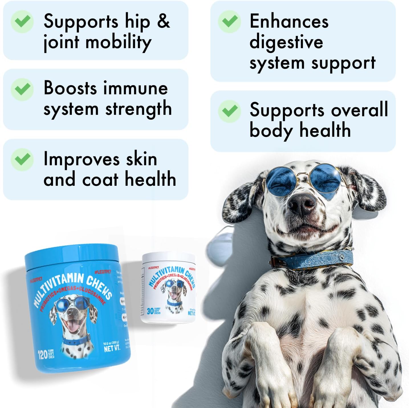 LEGITPET Dog Vitamins - 30 Multivitamins Chews w/Glucosamine Chondroitin, Probiotics Digestive Enzymes and Omegas - Supplement for Overall Health - Joint Support, Immune Health, Skin and Heart Health