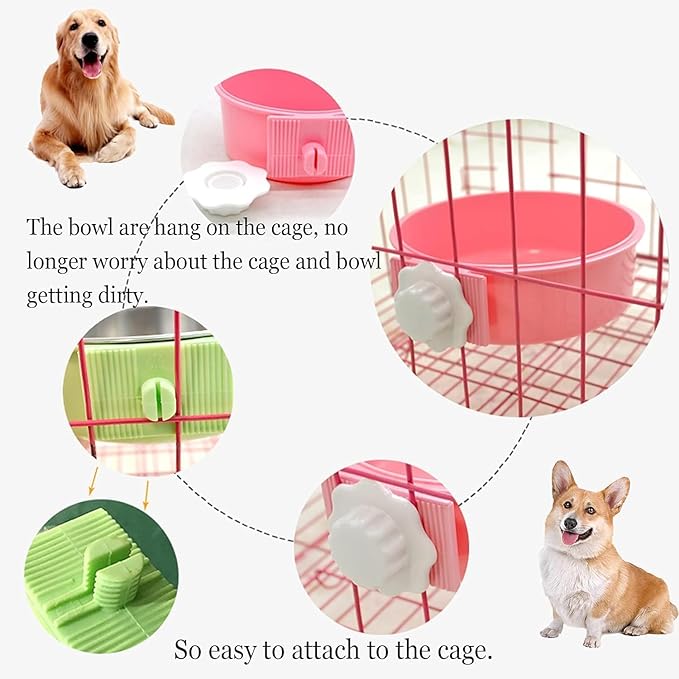 kathson Crate Dog Bowl, Removable Stainless Steel Hanging Pet Kennel Cage Bowl Food & Water Feeder Coop Cup for Puppy, Cat, Rabbit, Guinea Pigs Ferret Bird (2 PCS, Size: M, Blue and Green)