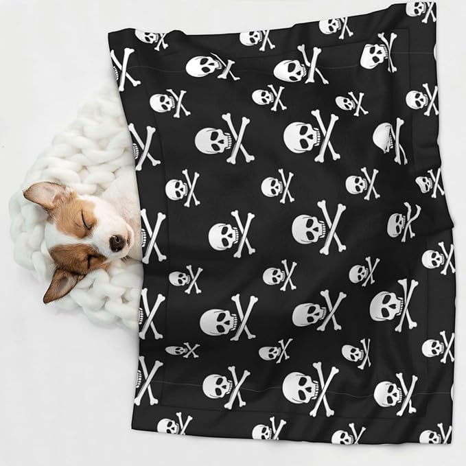 Two Sided Pet Cuddler Blanket for Anxiety Calming, Skull and Crossbones, Reversible Plush Design with Bubble Dot Pattern Provides Familiar Surface Anywhere