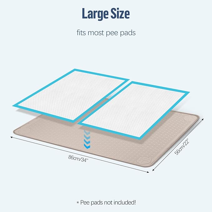 Pee Pad Holder for Dogs, 34" x 22" Silicone Pee Tray Mat Leak-Proof, High Edge, No Spill Pet Pad Holder for Puppy, Cat, Rabbit, Training Pads for Floor Protection, No Pee Pads (Khaki)
