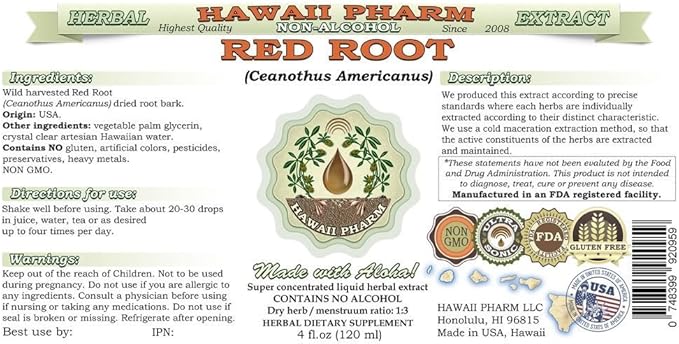 Red Root Alcohol-Free Liquid Extract, Red Root (Ceanothus Americanus) Dried Root Glycerite Natural Herbal Supplement, Hawaii Pharm, USA 2x32 fl.oz