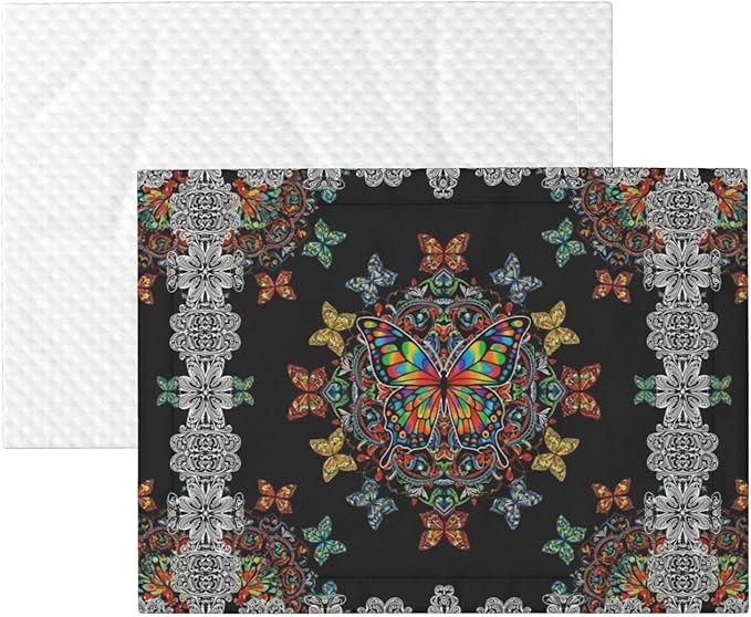 Reversible Plush Dot Pet Blanket for Dogs and Cats, Butterflies Mandala Rainbow Art Black and White, Ultra Soft Two Sided Design with Warm Fuzzy Side and Smooth Side for Comfort