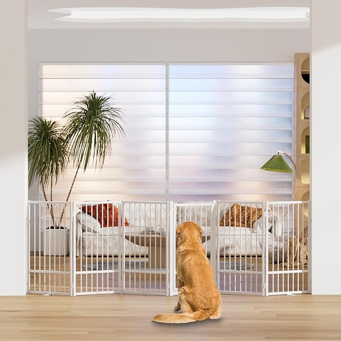Full Metal Freestanding Dog Gate with Door, 36''Height Foldable Pet Dog Fence for Indoor & Outdoor, 6 Panels Extra Wide Free Standing TallDog Gates for Doorways,House,Stairs,Porch,Deck,Yard